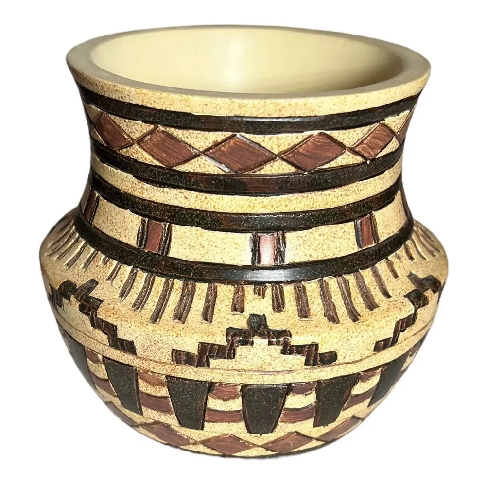 Aztec Design carved segmented‎ hand painted vase Made in India 4
